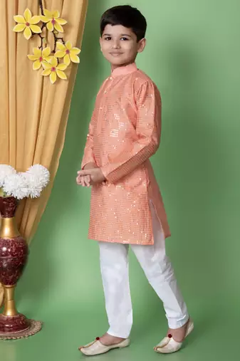 embroidery & sequins work dupion silk kurta and cotton pajama set for boys