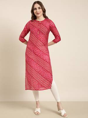 women's calf length round neck pink bandhani straight kurta 2