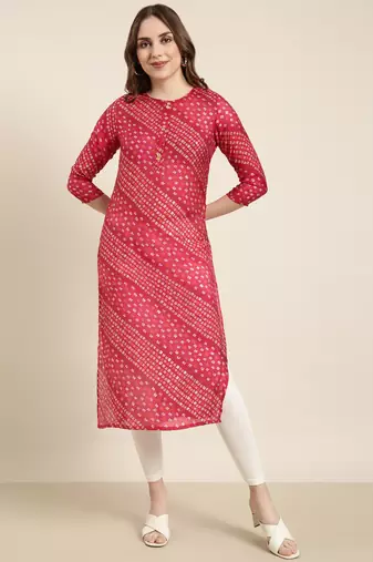 women's calf length round neck pink bandhani straight kurta