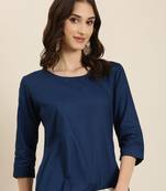 women's knee length round neck teal solid straight kurta