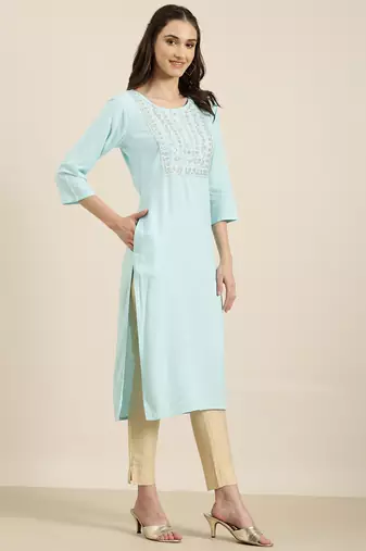 women's calf length round neck blue solid straight kurta