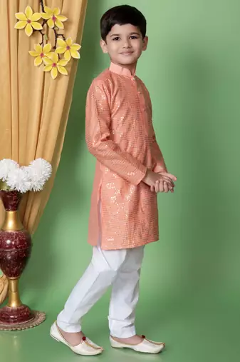 embroidery & sequins work dupion silk kurta and cotton pajama set for boys