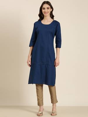 women's knee length round neck teal solid straight kurta 2