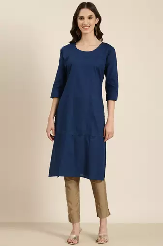 women's knee length round neck teal solid straight kurta