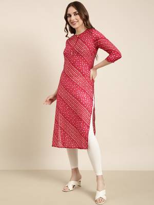 women's calf length round neck pink bandhani straight kurta 3