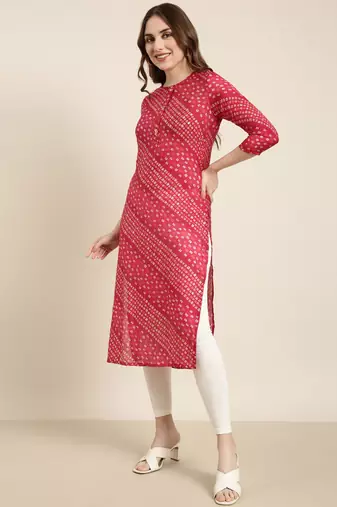 women's calf length round neck pink bandhani straight kurta