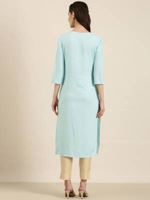 women's calf length round neck blue solid straight kurta 5