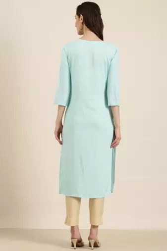 women's calf length round neck blue solid straight kurta