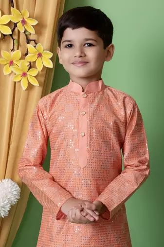 embroidery & sequins work dupion silk kurta and cotton pajama set for boys