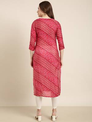 women's calf length round neck pink bandhani straight kurta 4