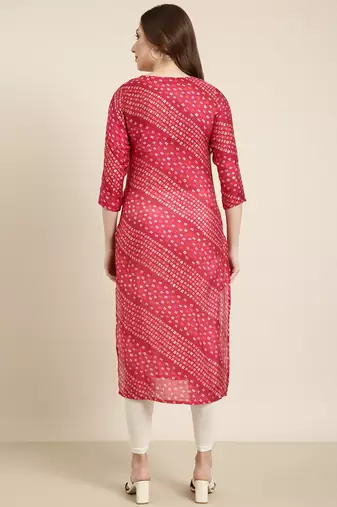 women's calf length round neck pink bandhani straight kurta