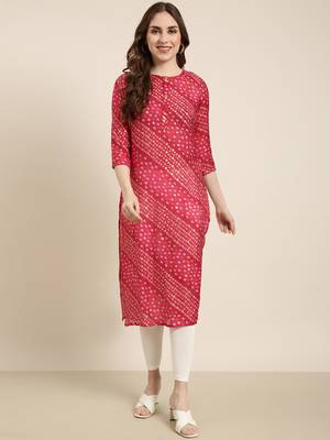 women's calf length round neck pink bandhani straight kurta 5