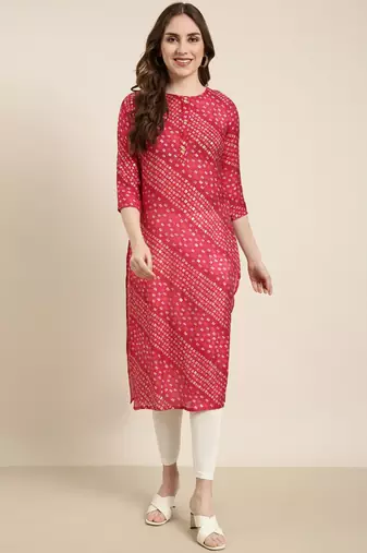 women's calf length round neck pink bandhani straight kurta