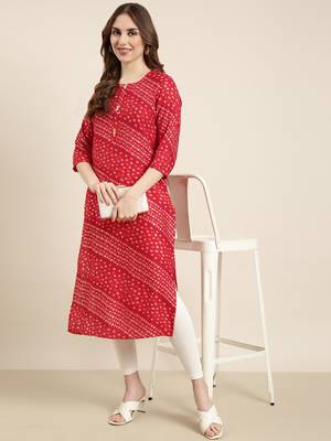 women's calf length round neck red bandhani straight kurta 1