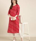 women's calf length round neck red bandhani straight kurta