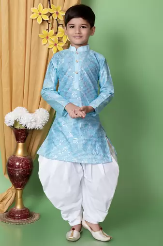 Blue embroidery & sequins work dupion silk kurta and cotton patiyala set for boys