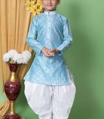 Blue embroidery & sequins work dupion silk kurta and cotton patiyala set for boys