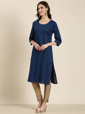 women's knee length round neck teal solid straight kurta 4