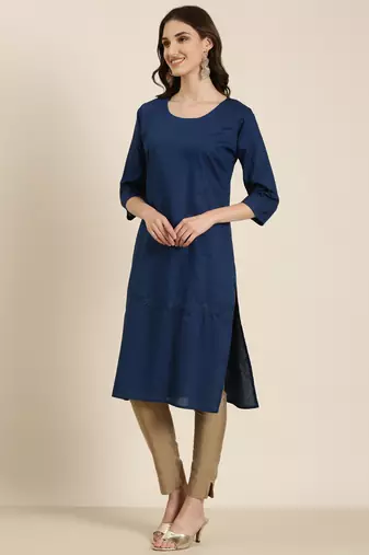 women's knee length round neck teal solid straight kurta