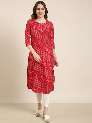 women's calf length round neck red bandhani straight kurta 2