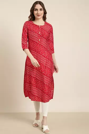women's calf length round neck red bandhani straight kurta