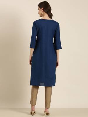women's knee length round neck teal solid straight kurta 5