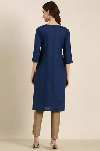 women's knee length round neck teal solid straight kurta