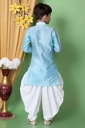 Blue embroidery & sequins work dupion silk kurta and cotton patiyala set for boys