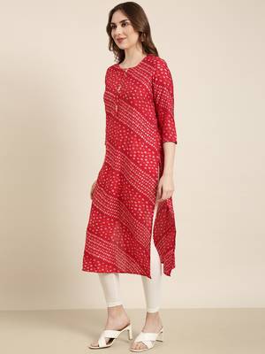 women's calf length round neck red bandhani straight kurta 3