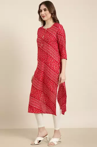 women's calf length round neck red bandhani straight kurta