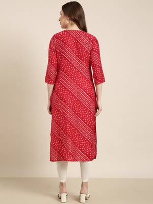 women's calf length round neck red bandhani straight kurta 4