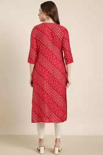 women's calf length round neck red bandhani straight kurta