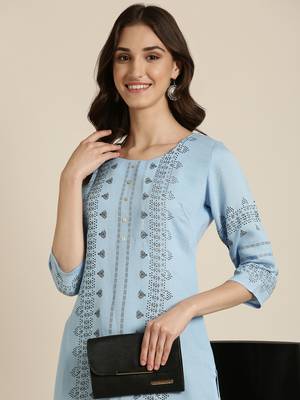 women's calf length round neck blue ethnic motifs straight kurta 1