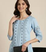 women's calf length round neck blue ethnic motifs straight kurta