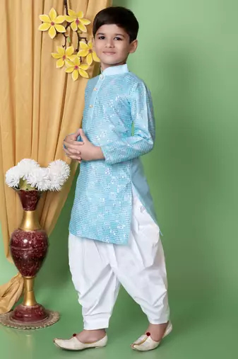 Blue embroidery & sequins work dupion silk kurta and cotton patiyala set for boys