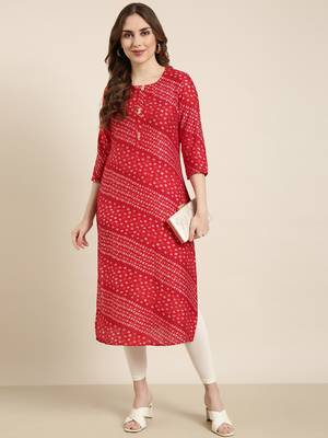 women's calf length round neck red bandhani straight kurta 5