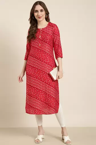 women's calf length round neck red bandhani straight kurta