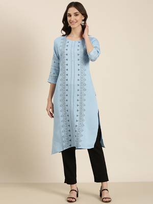 women's calf length round neck blue ethnic motifs straight kurta 2