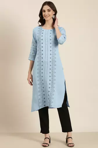 women's calf length round neck blue ethnic motifs straight kurta