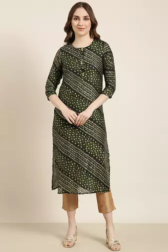 women's calf length round neck green bandhani straight kurta