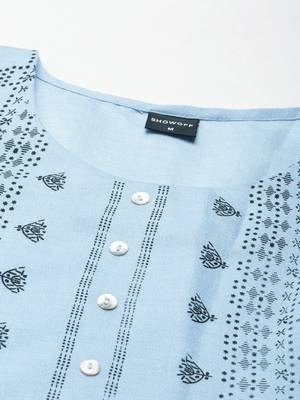 women's calf length round neck blue ethnic motifs straight kurta 3
