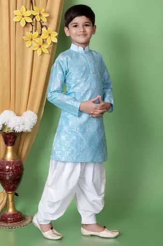Blue embroidery & sequins work dupion silk kurta and cotton patiyala set for boys