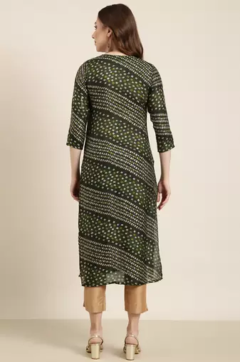 women's calf length round neck green bandhani straight kurta