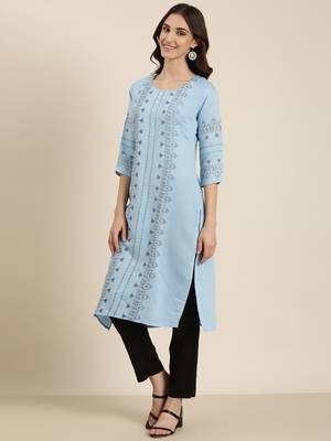 women's calf length round neck blue ethnic motifs straight kurta 5