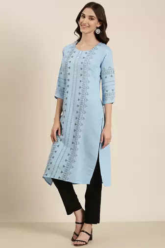women's calf length round neck blue ethnic motifs straight kurta