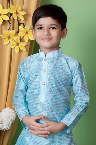 Blue embroidery & sequins work dupion silk kurta and cotton patiyala set for boys