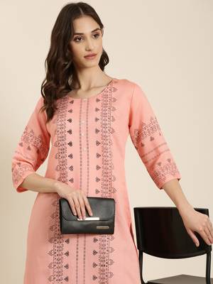 women's calf length round neck peach ethnic motifs straight kurta 1