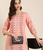 women's calf length round neck peach ethnic motifs straight kurta