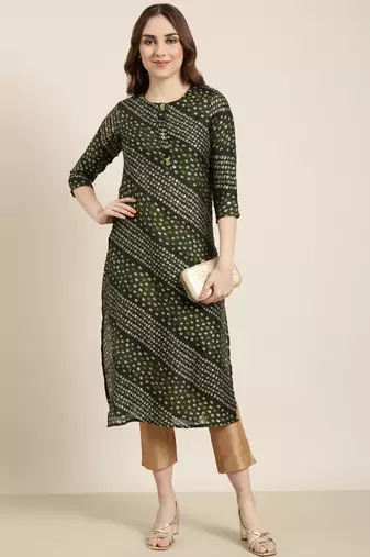 women's calf length round neck green bandhani straight kurta