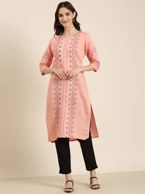 women's calf length round neck peach ethnic motifs straight kurta 2